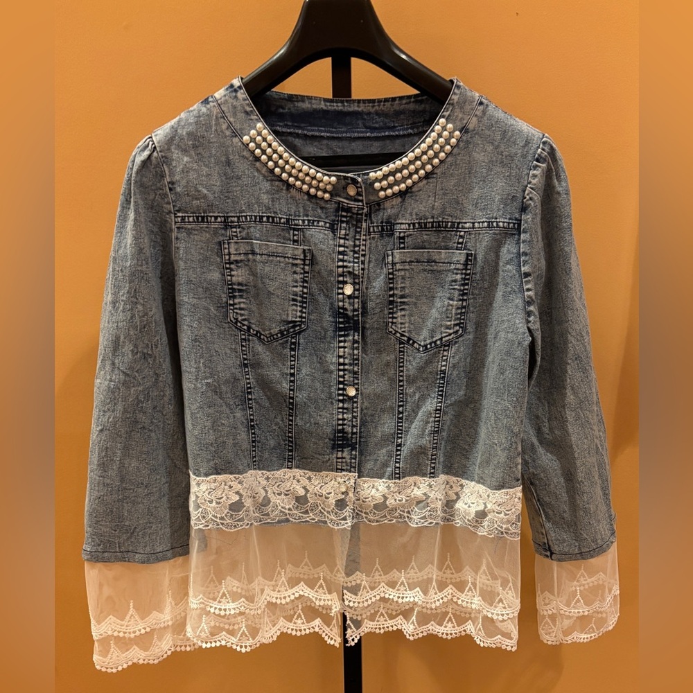 Source Unknown Blue Denim Jacket with Pearl Collar and Lace Hem L